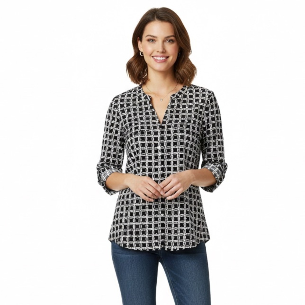 Adrienne Vittadini Black & White Geo Utility Blouse - XL - Roll Tab Sleeve